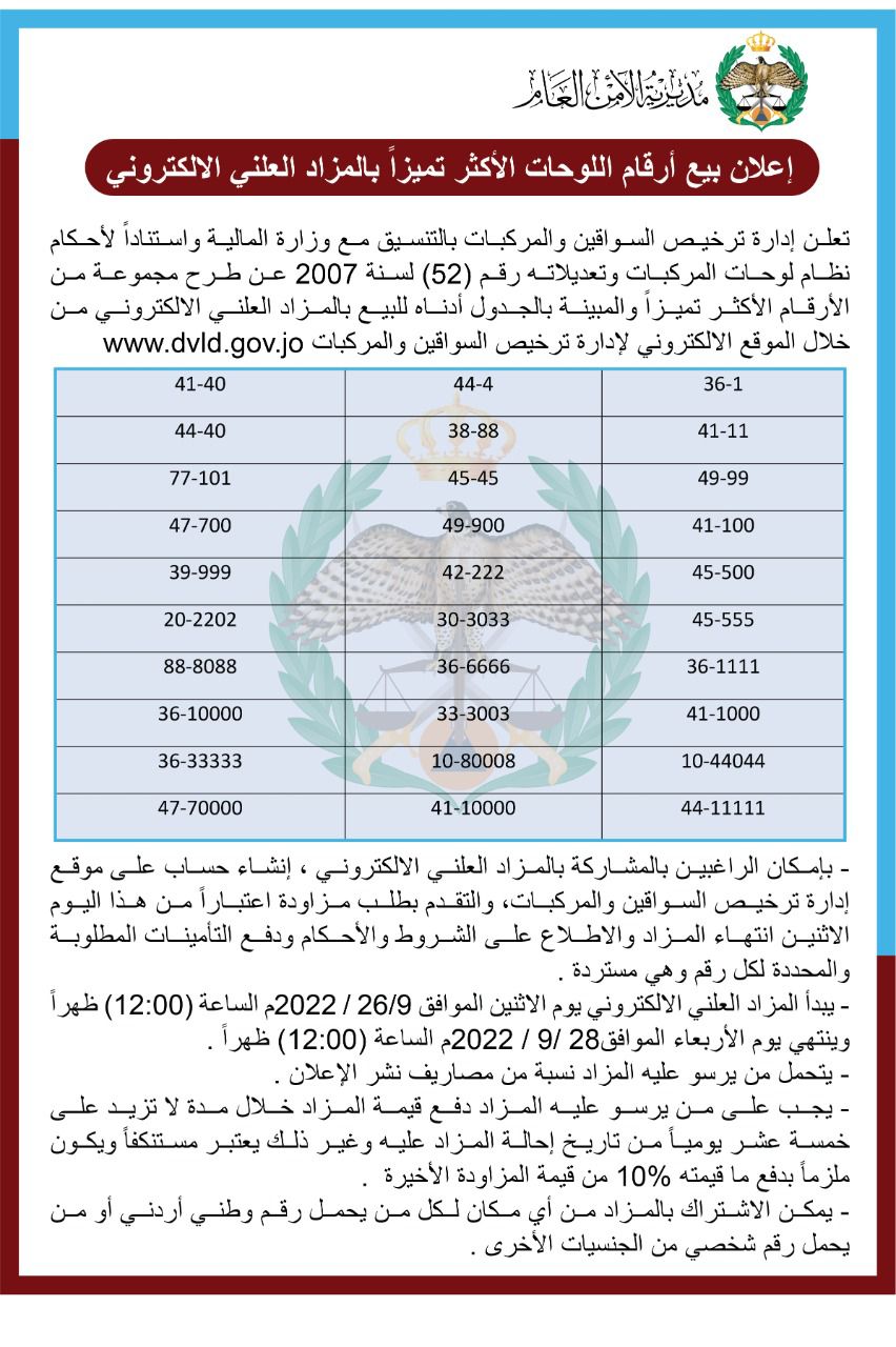 الأمن العام :إعلان بيع أرقام لوحات الأكثر تميزا