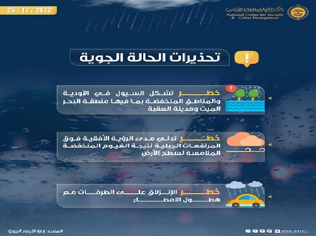 تحذيرات المركز الوطني للأمن وإدارة الأزمات بخصوص الحالة الجوية المتوقعة.