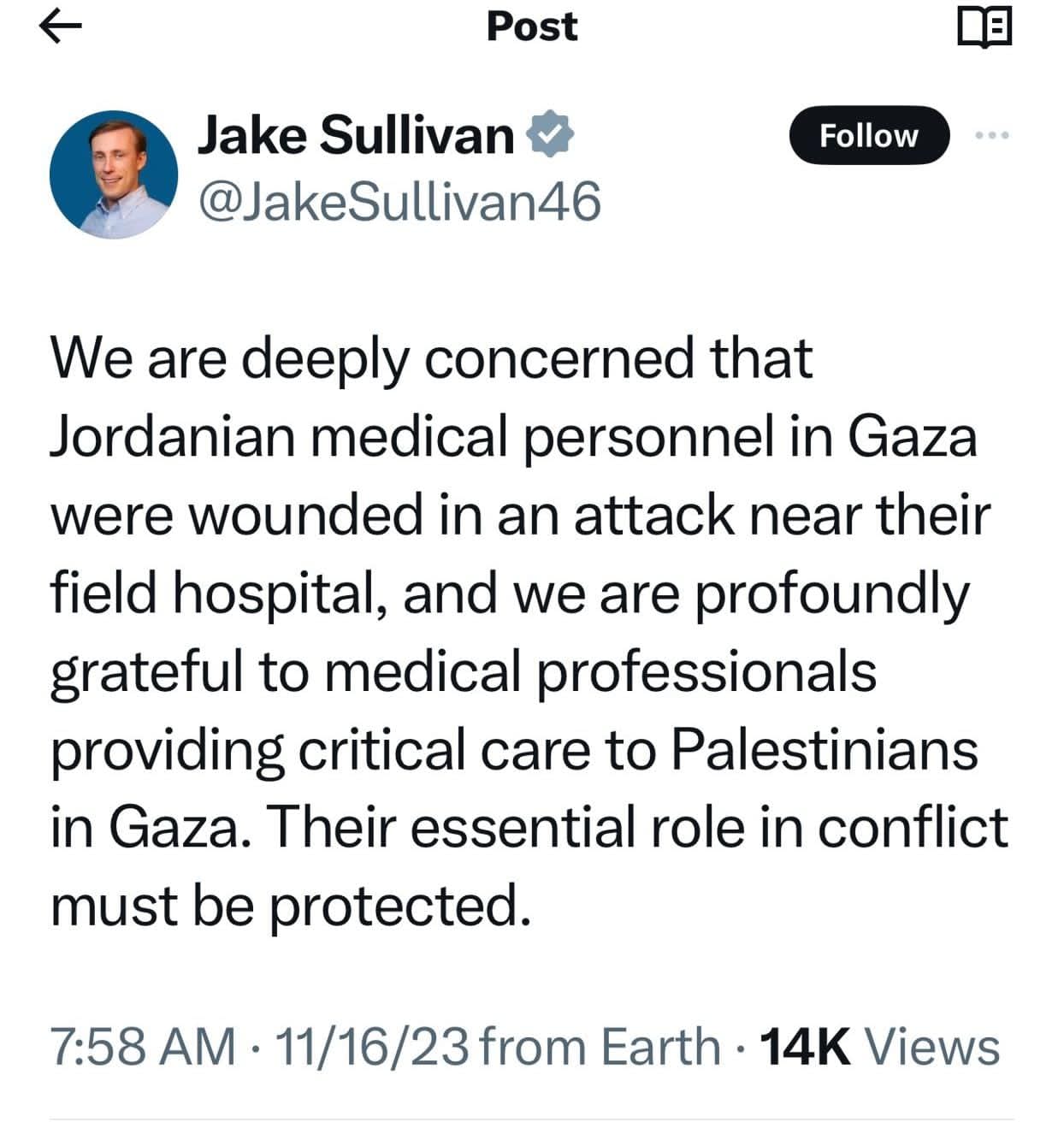مستشار الأمن القومي الأمريكي جاك سوليفان على توتير
